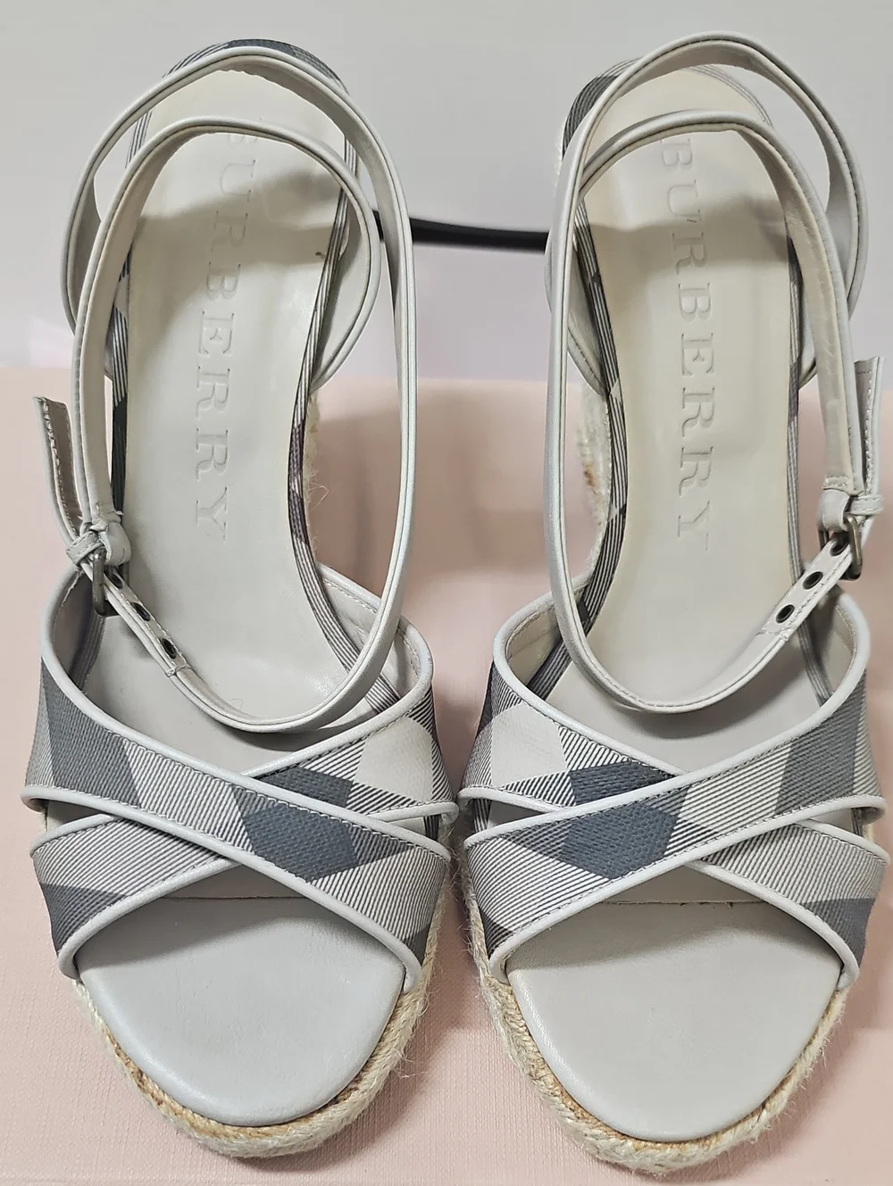 Burberry White & Gray Check Espadrille Wedge Sandals